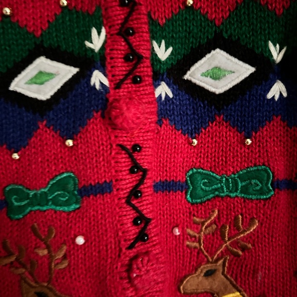 Vtg Designers Originals Red Rami Christmas Reindeer Embroidered Cardigan - Picture 14 of 16
